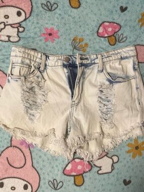 White and Blue Distressed Denim Shorts